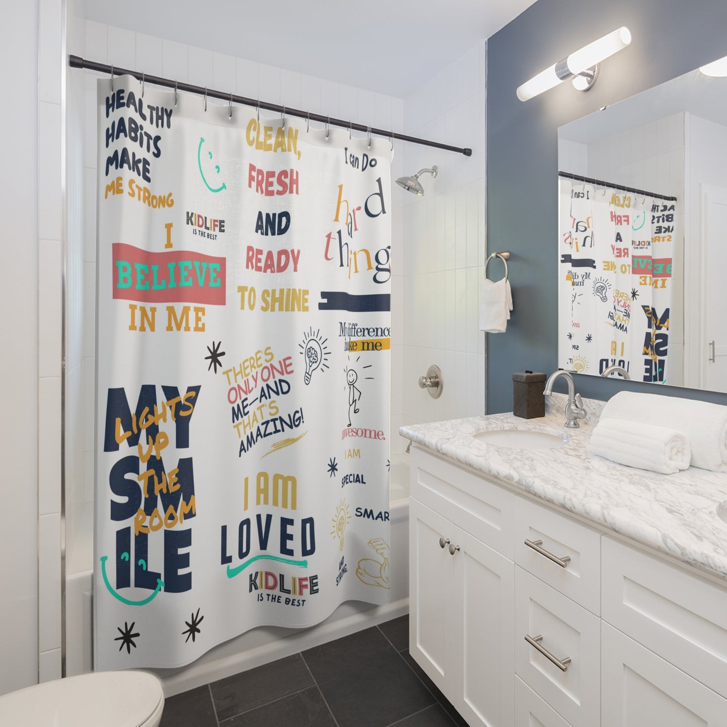 Kidlife Affirmation Shower Curtain – Bright, Inspiring, and Confidence-Boosting Décor for Kids