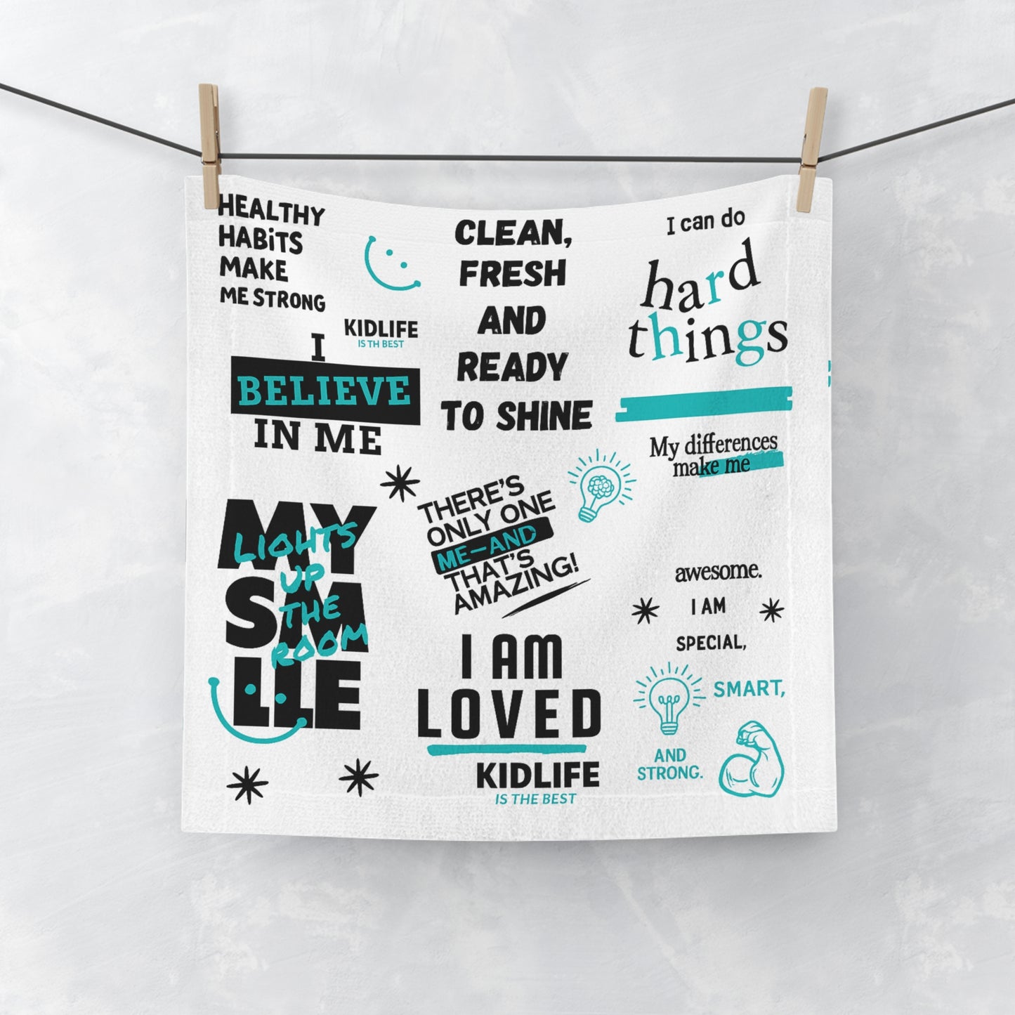 Kidlife Motivational Face Towel in black and teal color with positive affirmations for kids.