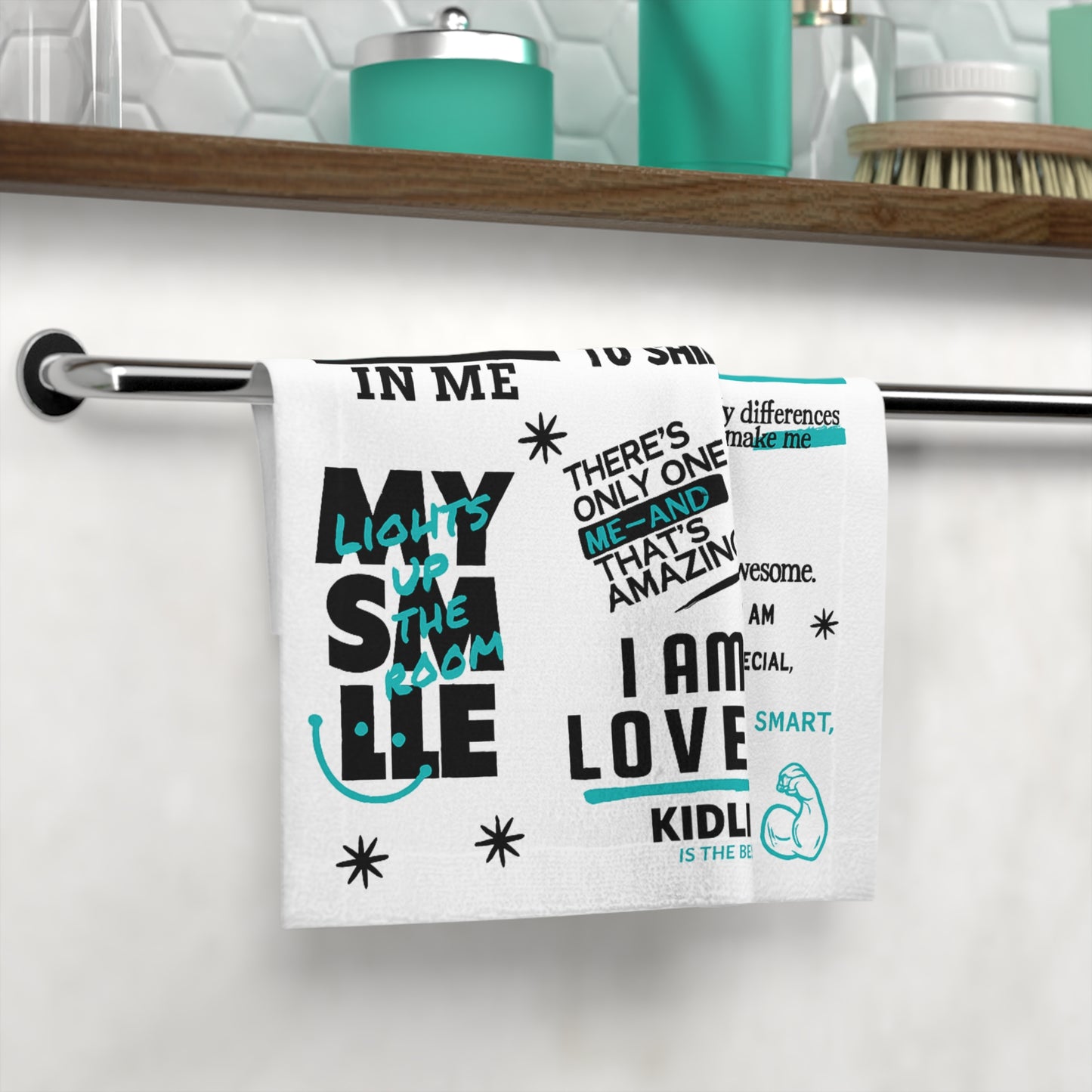 Kidlife Motivational Face Towel in black and teal color with positive affirmations for kids.