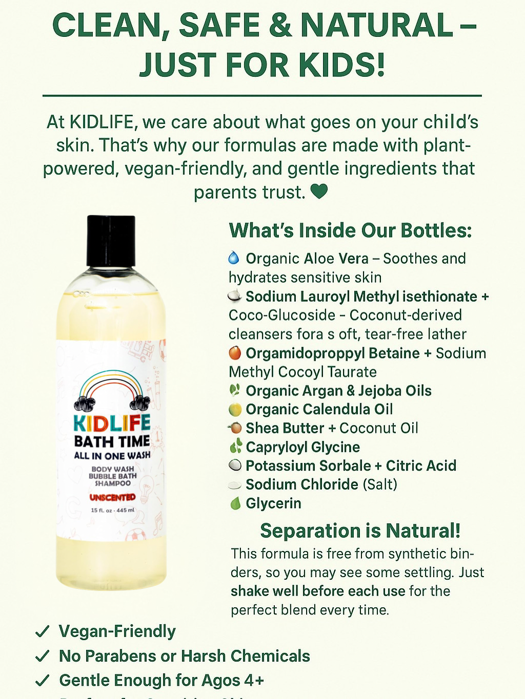 Kidlife Natural Bath Time 3 In 1 Shea & Organic Aloe Body Wash- Herbal Unscented 15 Oz. Kids Head to Toe All in one Bath and body Soap. Bubble Bath, Bodywash and Shampoo