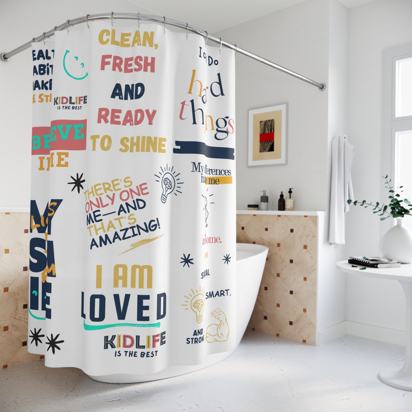 Kidlife Affirmation Shower Curtain – Bright, Inspiring, and Confidence-Boosting Décor for Kids