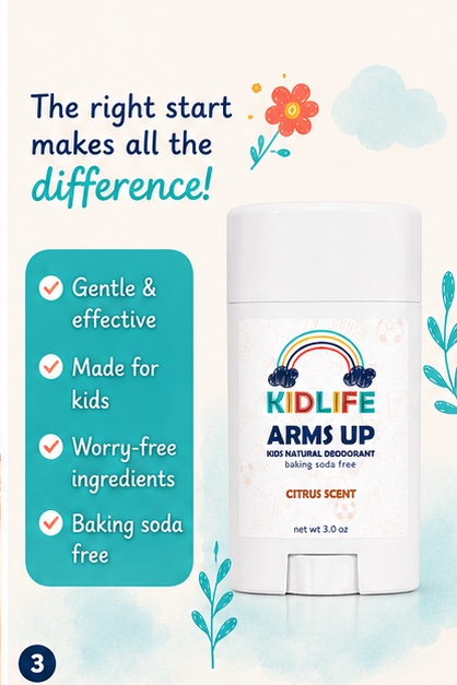Kidlife Arms Up Natural Deodorant for Kids- NEW 3 oz oval container
