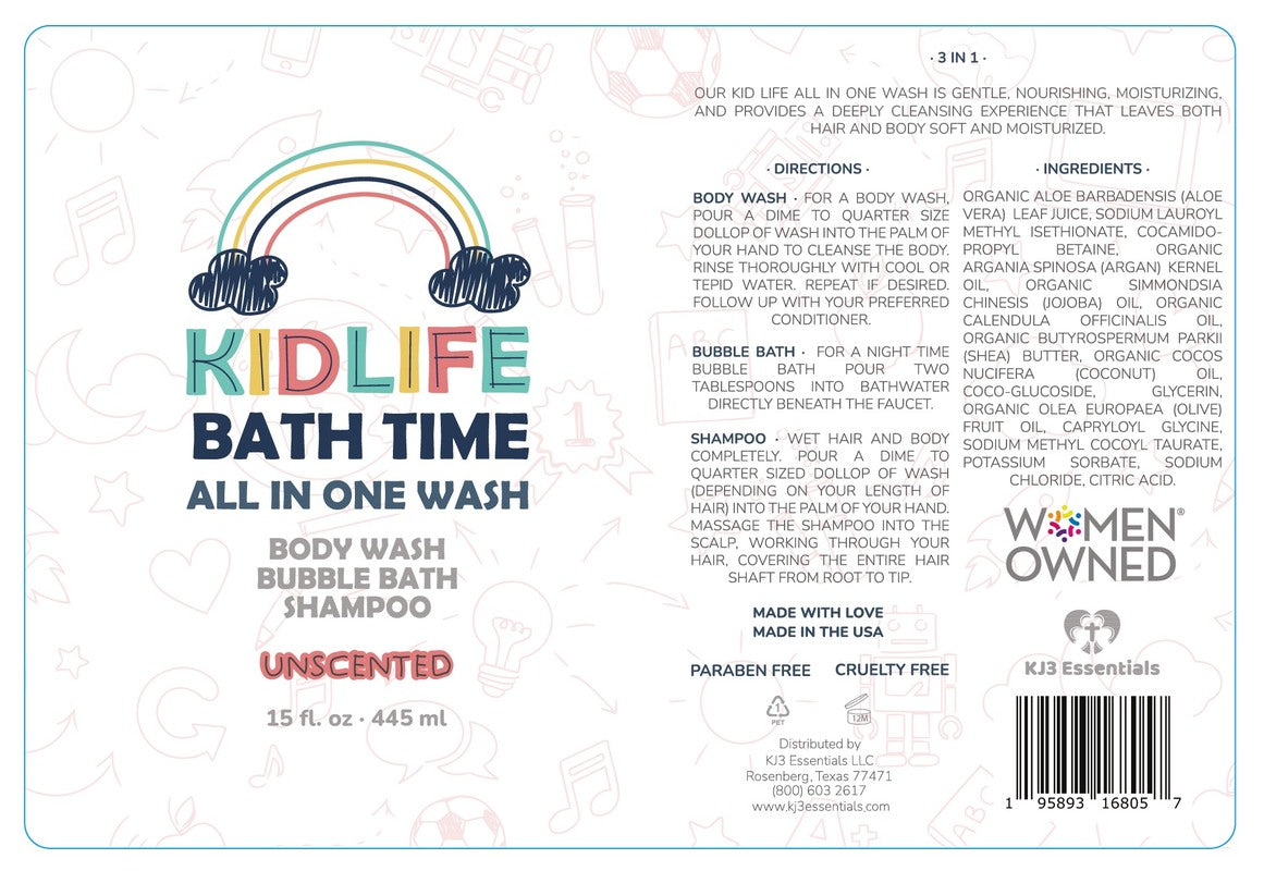 Kidlife Natural Bath Time 3 In 1 Shea & Organic Aloe Body Wash- Herbal Unscented 15 Oz. Kids Head to Toe All in one Bath and body Soap. Bubble Bath, Bodywash and Shampoo