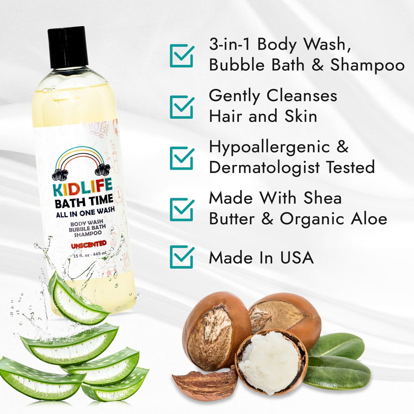 Kidlife Natural Bath Time 3 In 1 Shea & Organic Aloe Body Wash- Herbal Unscented 15 Oz. Kids Head to Toe All in one Bath and body Soap. Bubble Bath, Bodywash and Shampoo