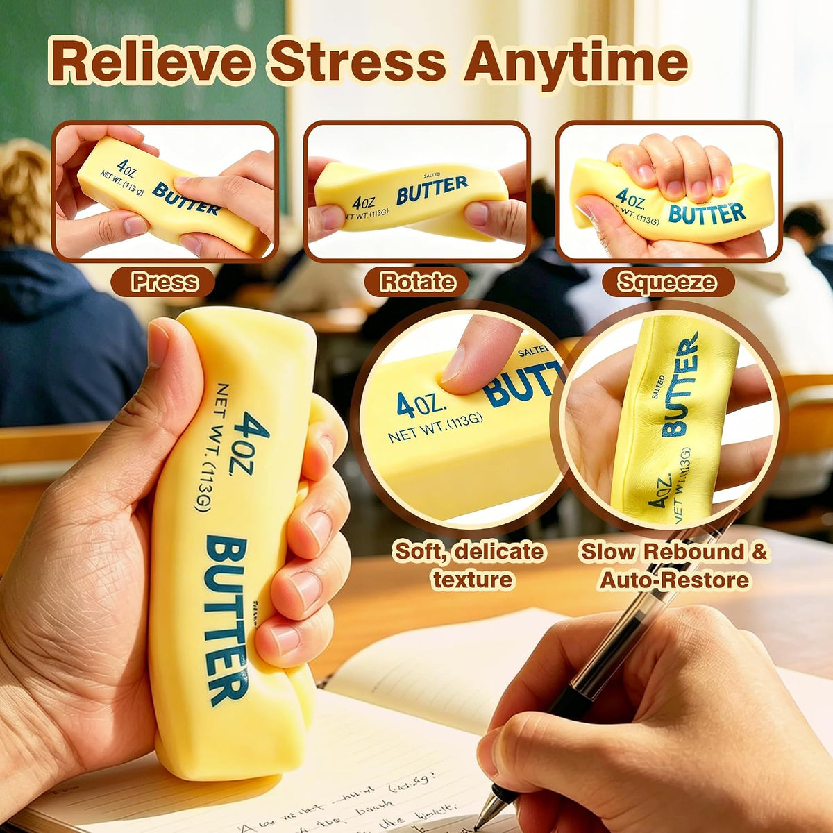 2 Pcs Butter Squishy - 2026 New Upgraded Slow Rising Squishy Butter Squeeze Toy,Realistic Bread Style Sensory Fidget for Desk, Anxiety Relief Fun Gift for Adults (Yellow)