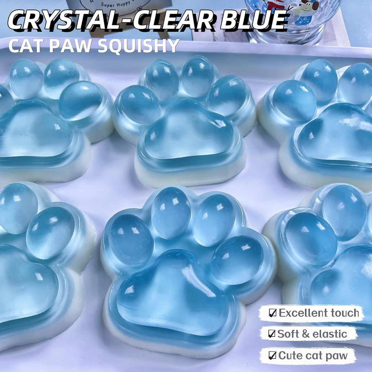 Fufu Big Cat Paw Squishy Toy 5 Inch Sticky Cat Paw Print Squishies Large Transparent Pinch Family Tuba Squishy Clear Jelly Blue Giant Squeeze Toy for Adults Stress Relief (Touming--Blue)