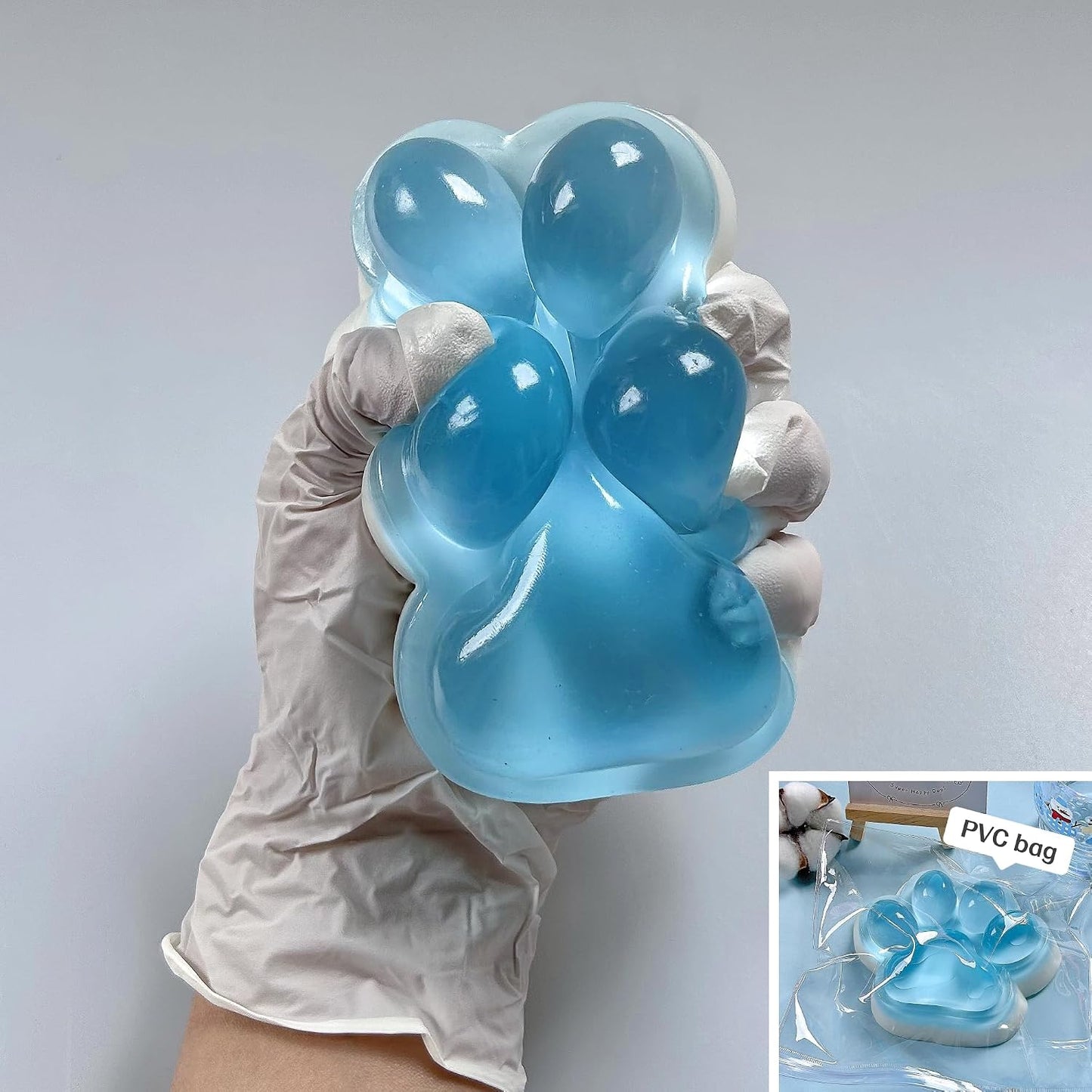 Fufu Big Cat Paw Squishy Toy 5 Inch Sticky Cat Paw Print Squishies Large Transparent Pinch Family Tuba Squishy Clear Jelly Blue Giant Squeeze Toy for Adults Stress Relief (Touming--Blue)