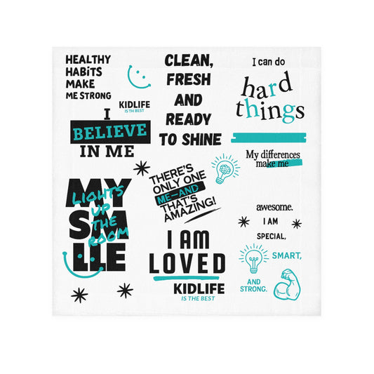 Kidlife Motivational Face Towel in black and teal color with positive affirmations for kids.