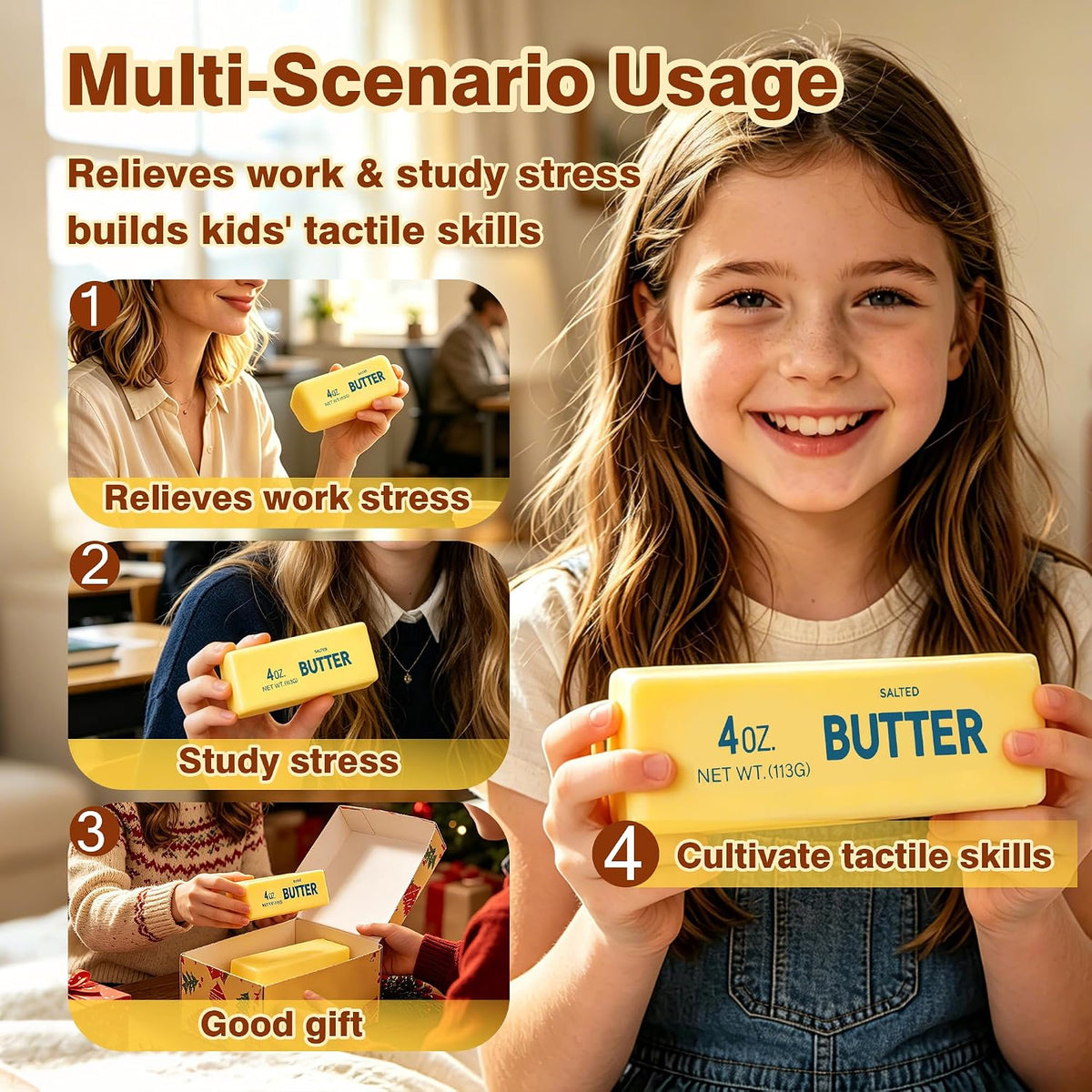 2 Pcs Butter Squishy - 2026 New Upgraded Slow Rising Squishy Butter Squeeze Toy,Realistic Bread Style Sensory Fidget for Desk, Anxiety Relief Fun Gift for Adults (Yellow)