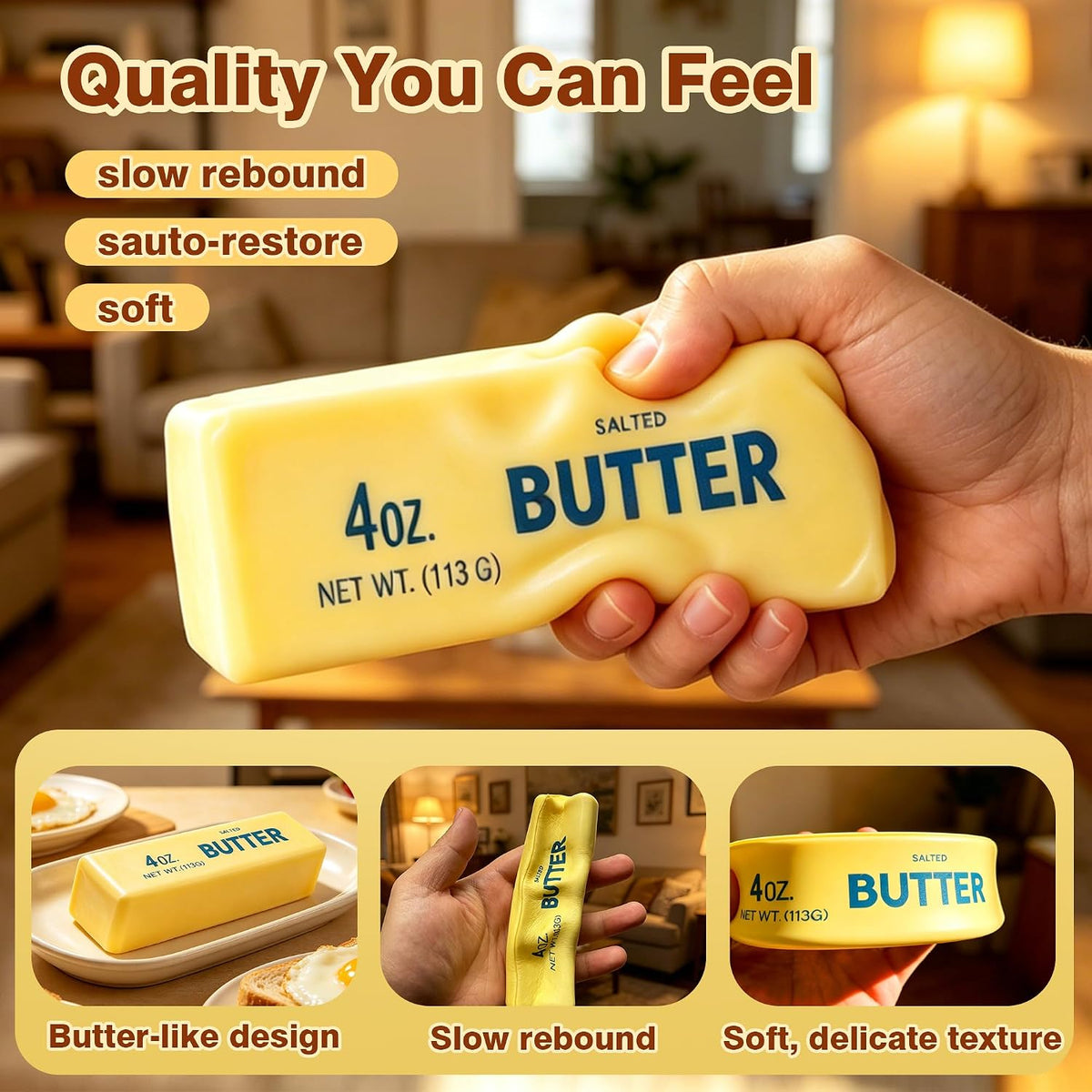 2 Pcs Butter Squishy - 2026 New Upgraded Slow Rising Squishy Butter Squeeze Toy,Realistic Bread Style Sensory Fidget for Desk, Anxiety Relief Fun Gift for Adults (Yellow)